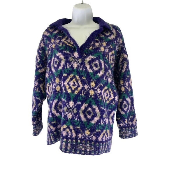 Benetton Sweater Collared Purple Green Pattern Pullover Button Wool Women Medium - Picture 3 of 15